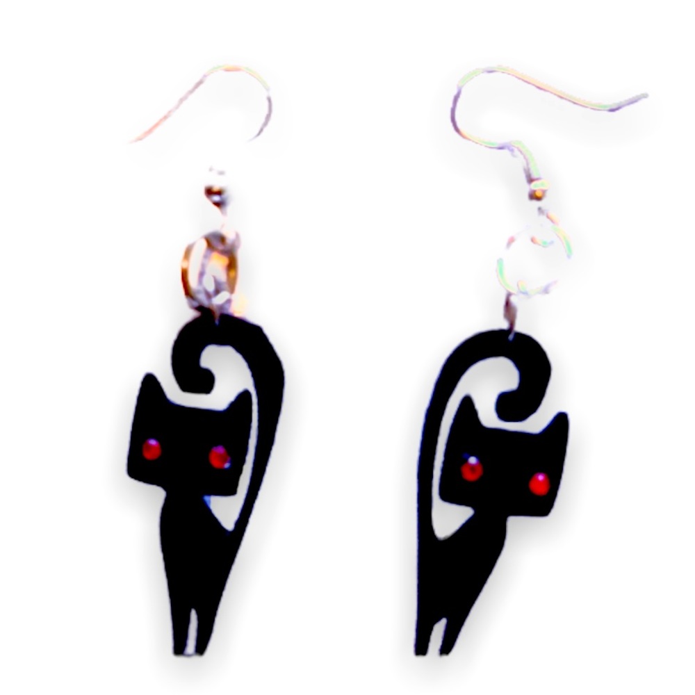 New Black Cat Handmade Artisan 3D Printed S925 Sterling Silver Dangle Earrings - Picture 2 of 7